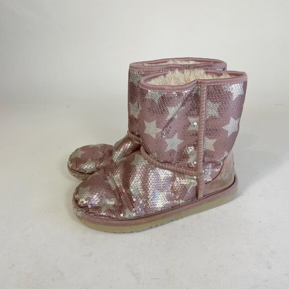 UGG Classic Short II Sequin Star Snow Boot Pink Size 4 Kids Wool Lined 1107988K - Picture 4 of 11